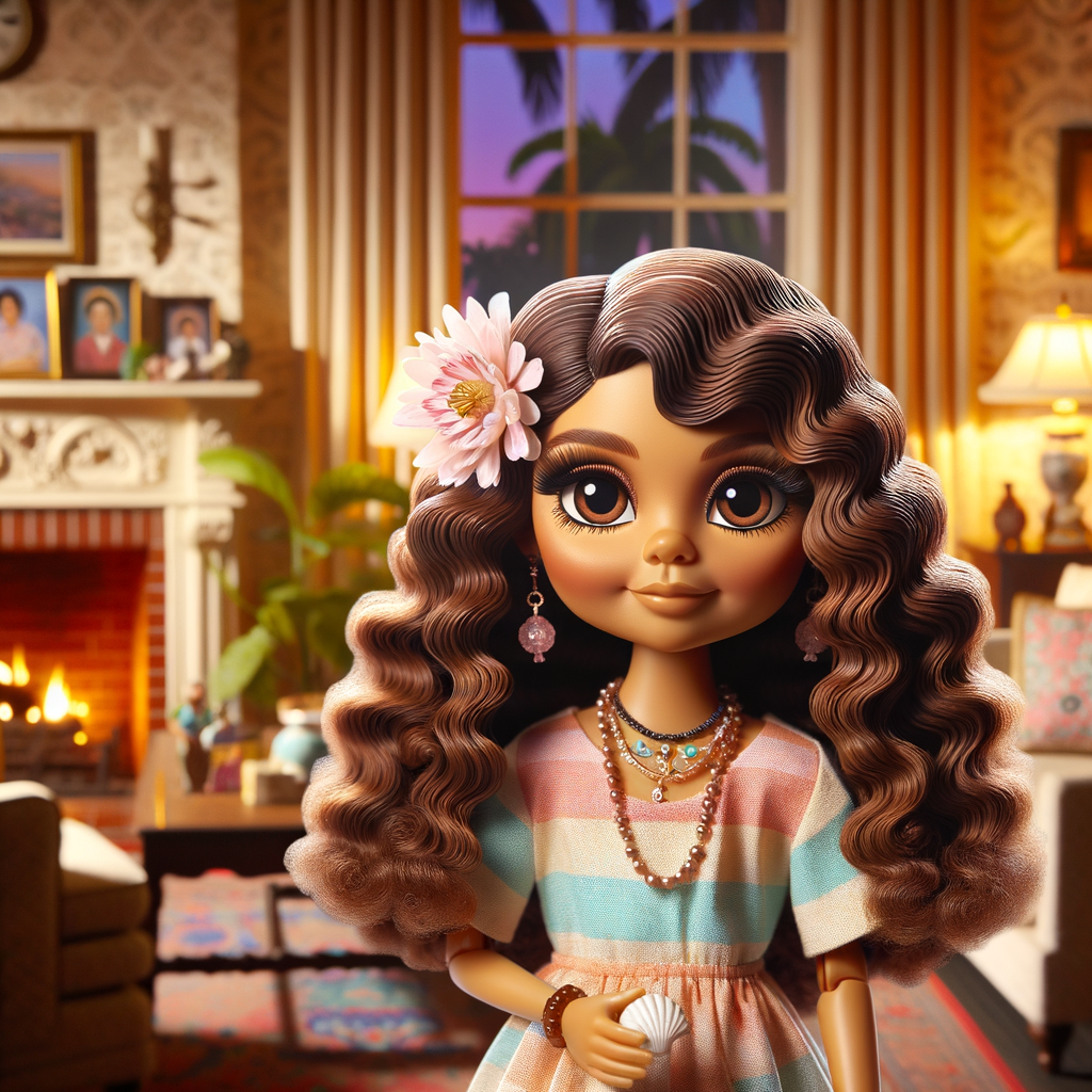 Create an image of a stylized, Latino doll-like girl seated in a cozy living room with a warm fireplace. She has voluminous, wavy hair cascading over her shoulders, tinted with shades of chestnut and mocha. Her large, expressive eyes are a deep brown, fringed with long, fluttery lashes. A delicate pink flower tucks behind one ear, complementing her youthful glow. She wears a pastel-striped summer dress with soft, flowing fabric that drapes elegantly over her small frame. Around her neck is a dainty necklace adorned with beads and a gentle sprinkle of gemstones reflecting subtle light. In her hand, she holds a pearly seashell as a charming accessory. Behind her, the living room is inviting, with plush furnishings, a mantelpiece adorned with family photos and trinkets, and a crackling fireplace that casts a comforting glow and dancing shadows around the room, enhancing the ambiance of a serene home setting