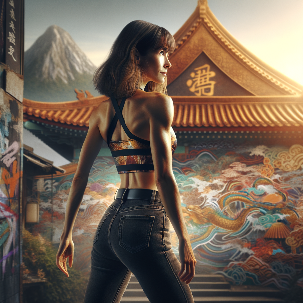 Athletic Thin skinny Attractive, Asian teenage girl, long brown hair and bangs, wearing tight skinny jeans and a halter top paint marks on her clothing, heroic pose Asian graffiti background, backside view