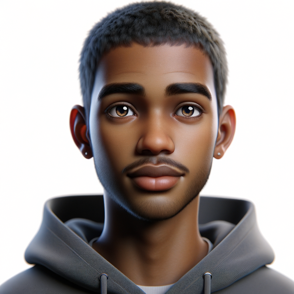 Create a 3-D realistic portrait of Trayvon Martin, wearing a hoodie