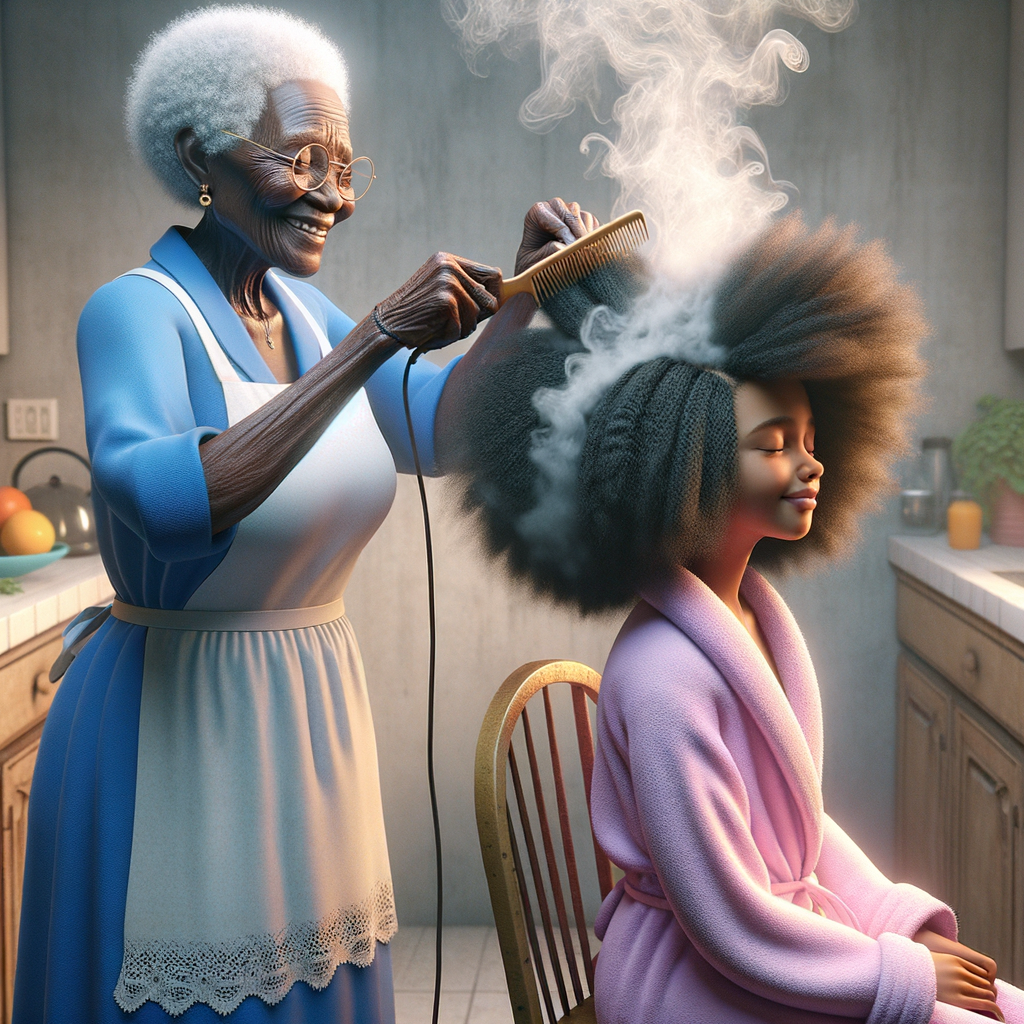 Create a realistic 3-D image of an african-American grandmother wearing a blue house dress and a white apron . She is in the kitchen with her african-American granddaughter. Her granddaughter is wearing a pink bath robe. The grandmother has a hot comb in her hand and she is straightening her granddaughters hair. One side of her granddaughters hair is in  a Afro the other straight 
There is smoke coming from the hot comb
The granddaughter is making a face