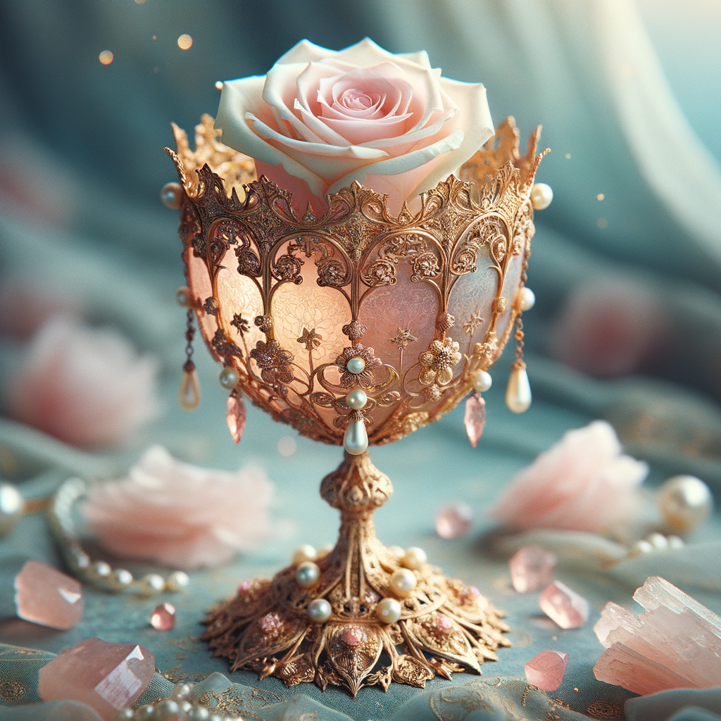 A fantastical and ornate golden goblet cradles a single, delicate pale pink rose. The goblet is adorned with intricate gold filigree work and studded with pearls, evoking a sense of royal luxury. The vessel's edges have a translucent pink enamel inlay that creates the illusion of a blooming flower holding the rose within its petals. Pink quartz stones add a touch of mystical allure to the stem and base, which are designed with a lace-like gold pattern, giving the impression of a treasured artifact from a fairy tale. The goblet is positioned against a soft-focus background with a gentle blue hue, highlighting its enchanting elegance.