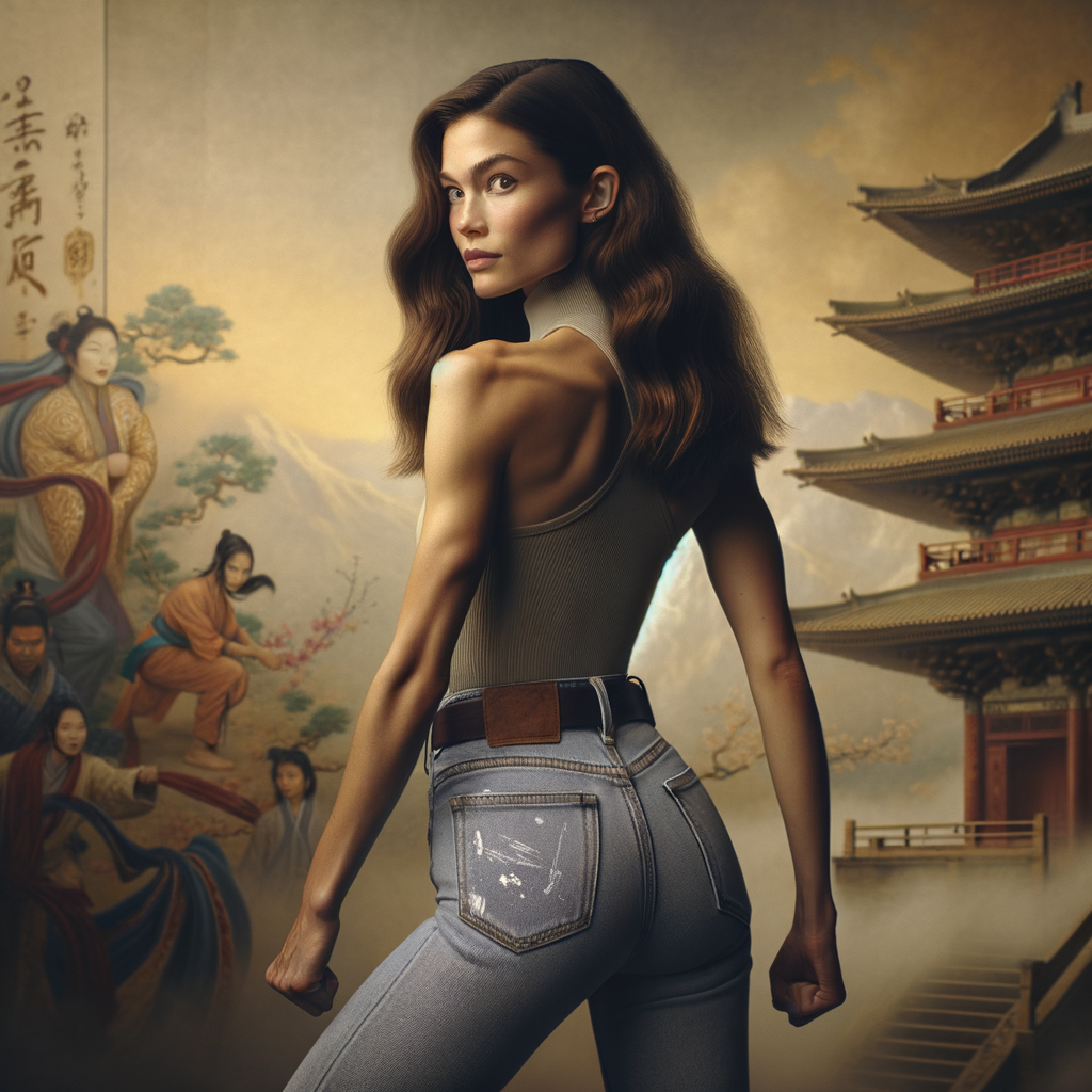 Athletic Thin skinny Attractive, Asian teenage girl, long brown hair and bangs, wearing tight skinny jeans and a halter top paint marks on her clothing, heroic pose Asian graffiti background, backside view