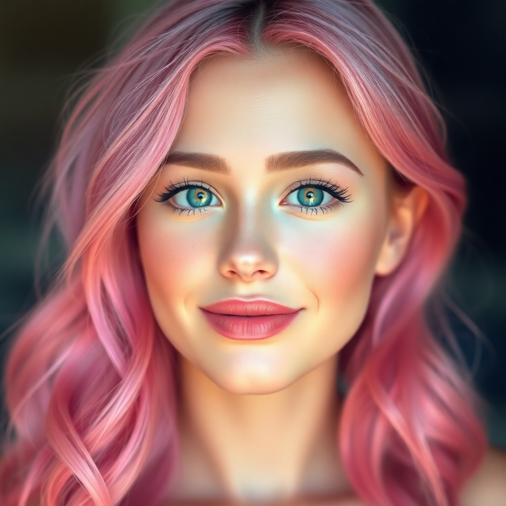 A stunningly realistic young woman with vibrant pink hair, styled in soft waves that frame her delicate face. Her eyes are large and expressive, glowing with a captivating sparkle. Her skin is flawless and radiant, with a subtle blush on her cheeks. She wears natural yet elegant makeup that enhances her beauty, with soft pink lips and long, fluttering lashes. The background is softly blurred, creating a dreamy, ethereal atmosphere. Her expression is warm and confident, exuding charm and personality. The lighting is soft and natural, highlighting the texture of her hair and the depth of her gaze.