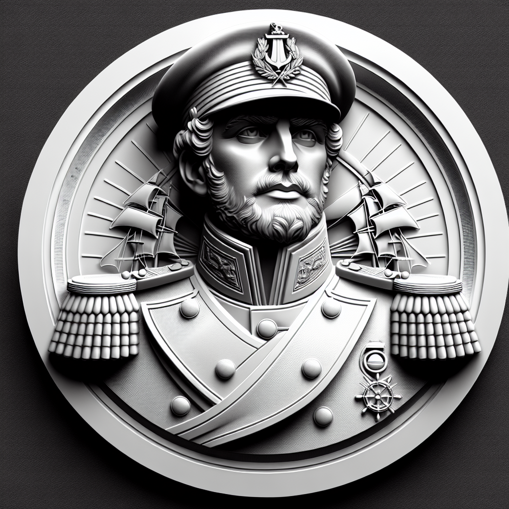 Design a high-contrast grayscale 3d bas relief of captain crunch, The composition should be circular like a coin emblem, designed for CNC routing with balanced lighting to accentuate fine details, sharp edges, and distinct textures. Employ deep shadows and strong highlights to define planes and surfaces clearly.