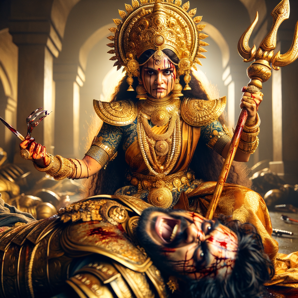 portrait of angry looking, indian goddess cosplayer straddling a defeated mahishasur, while he is lying on the ground and she stabs him with her trident. She is wearing gold armor, a huge gold crown, gold saree, abundant  gold jewelry, covered in blood. The scene is set in ancient India. The image is 8K resolution, cinematic, photography, ultra detailed face and epic.