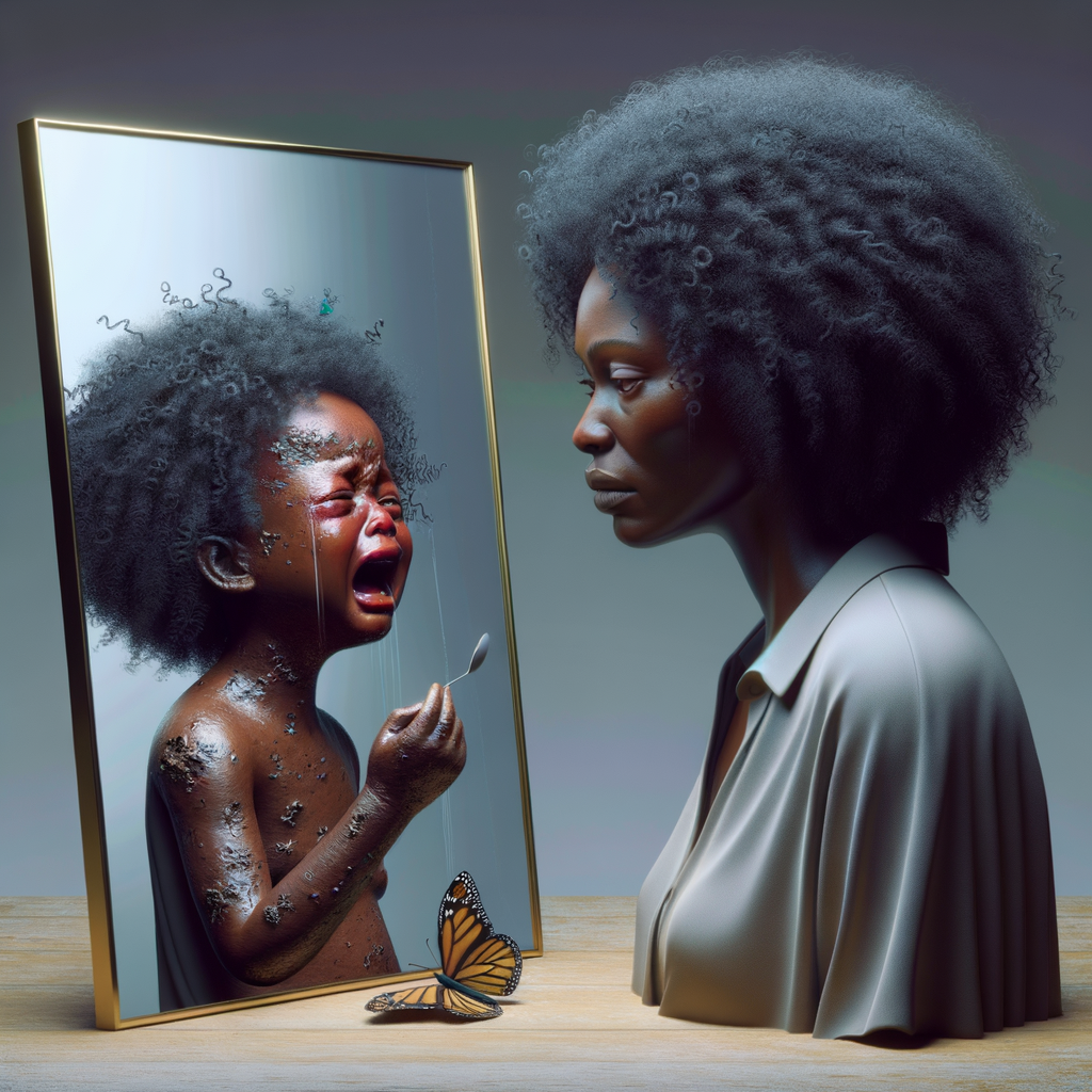 Create a 3-D realistic, adult african-American, female 
Did curly black hair, dark skin, looking at herself in a mirror, but the child that she sees in the reflection is dirty and crying and has scars, and there is a fallen butterfly