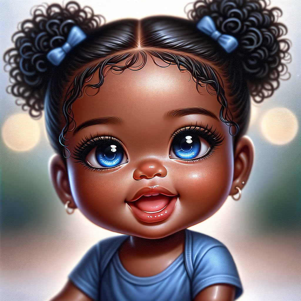 ultra realistic Chibi Style oil painting of Med olive skin  cute African-American American baby girl with deep deep dimples on both checks smiling huge, blue eyes, wearing a blue onesie two curly black pigtails with blue
 ribbons. crystal blue eyes. up-close view bokeh background

S/O Genae Kulah