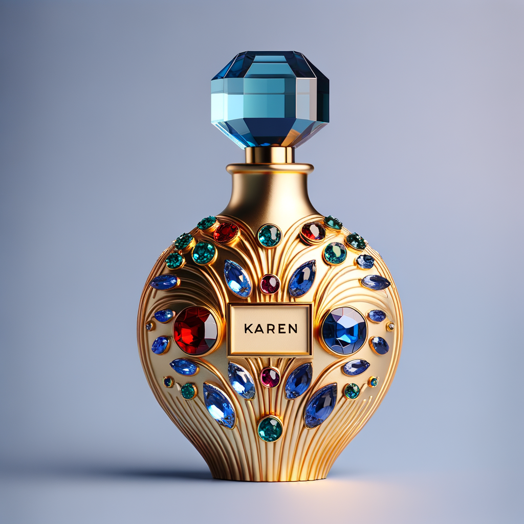 Create a 3-D realistic gold and  blue, colorful jewels perfume bottle
In the shape of a women’s body with the name Karen