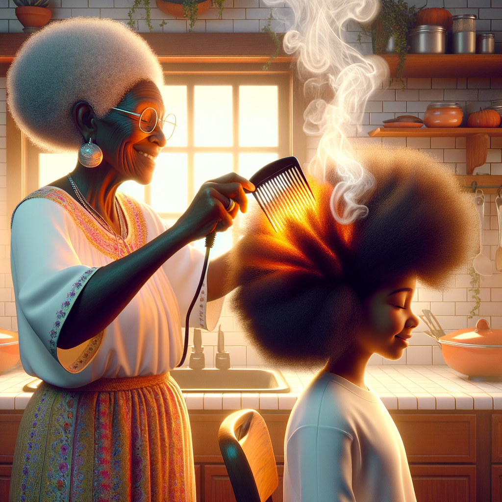 Create a realistic 3-D image of an african-American grandmother in the kitchen with her african-American granddaughter. The grandmother has a hot comb in her hair and she is straightening her granddaughters hair. One side of her granddaughters hair is in  a Afro the other is bone straight 
There is smoke coming from the hot comb