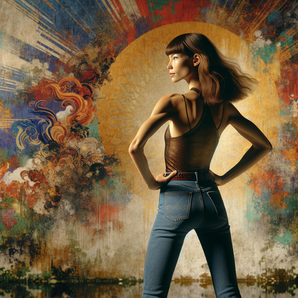 Athletic Thin skinny Attractive, Asian teenage girl, long brown hair and bangs, wearing tight skinny jeans and a halter top paint marks on her clothing, heroic pose Asian graffiti background, backside view