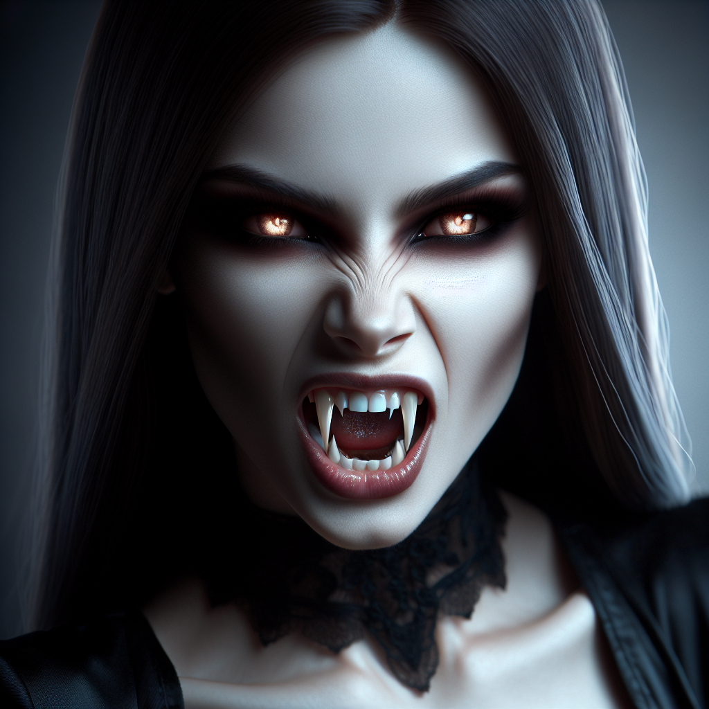 Generate hyper-realistic image of a young, fierce female vampire with glowing eyes, snarling as she bares her razor-sharp fangs menacingly.