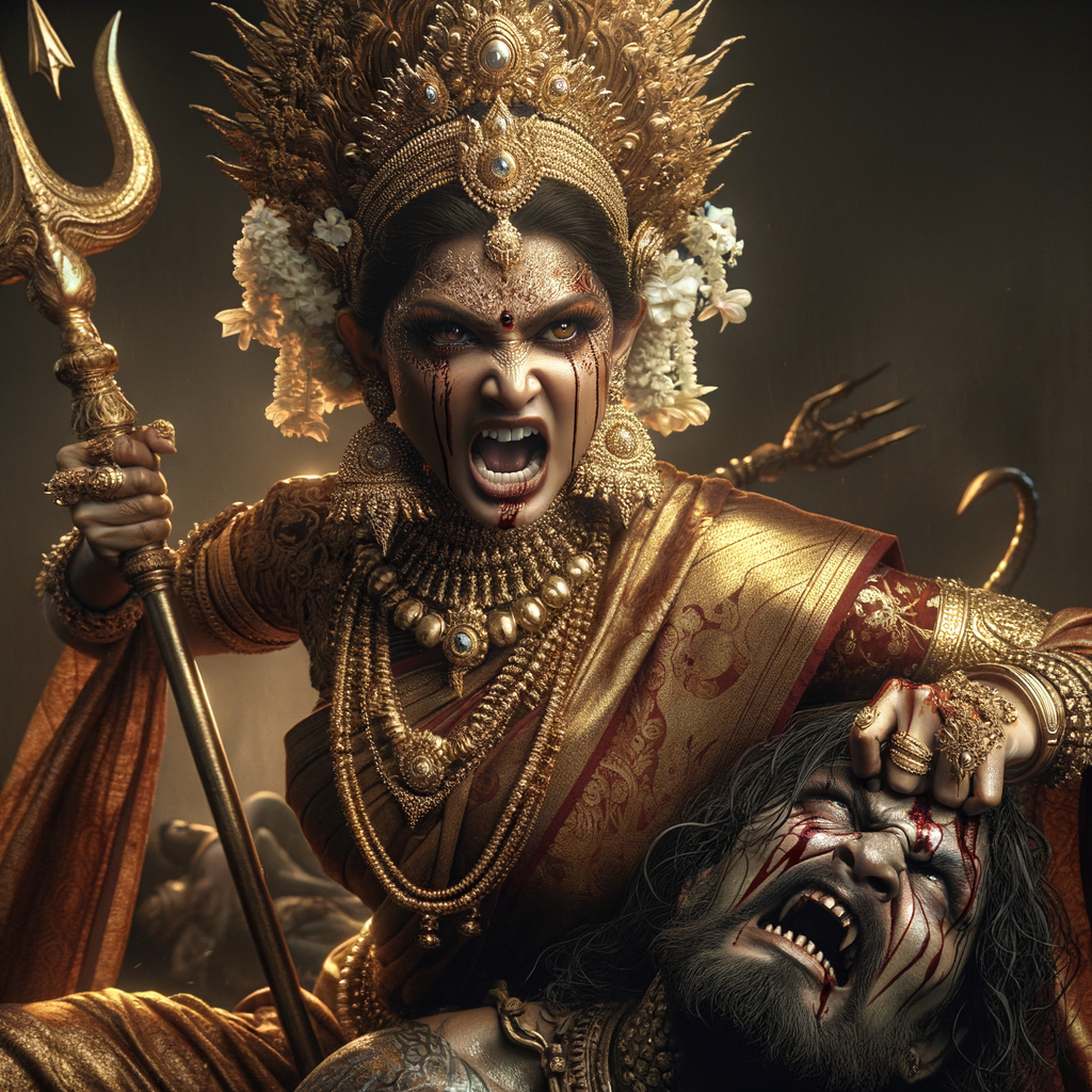 portrait of angry looking, indian goddess trampling a defeated mahishasur with her foot, while he is lying on the ground, she has a trident in her hand. She is wearing gold armor, a huge gold crown, gold saree, abundant  gold jewelry, covered in blood. The scene is set in ancient India. The image is 8K resolution, cinematic, photography, ultra detailed face and epic.