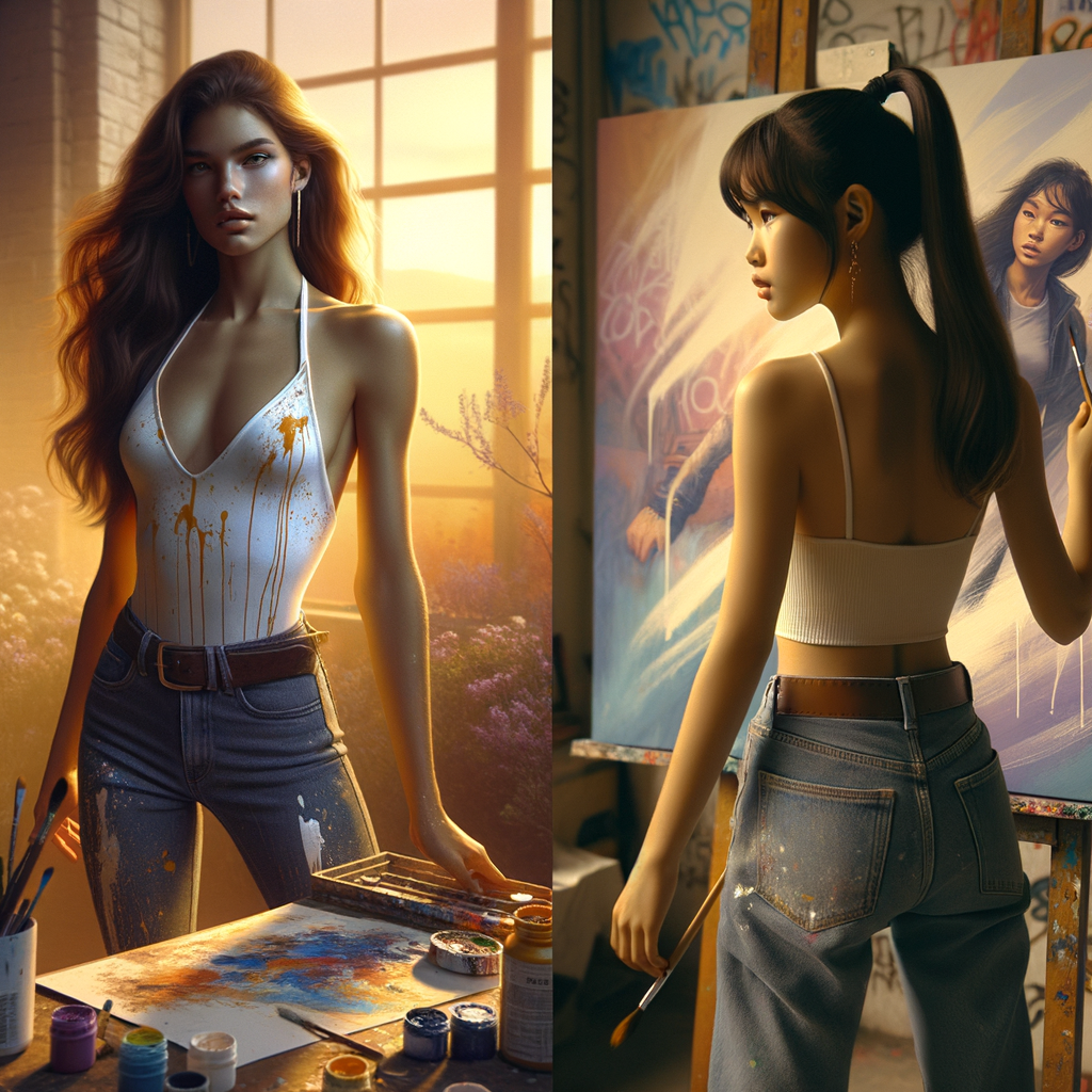 Athletic Thin skinny Attractive, Asian teenage girl, long brown hair and bangs, wearing tight skinny jeans and a halter top paint marks on her clothing, heroic pose Asian graffiti background, backside view