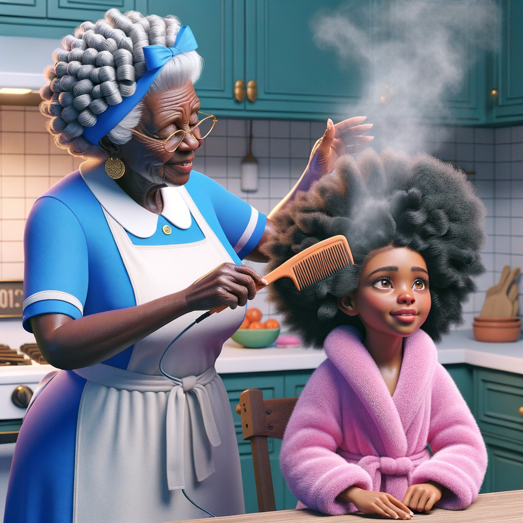 Create a realistic 3-D image of an african-American grandmother wearing a blue house dress and a white apron . She is in the kitchen with her african-American granddaughter. Her granddaughter is wearing a pink bath robe. The grandmother has a hot comb in her hand and she is straightening her granddaughters hair. One side of her granddaughters hair is in  a Afro the other straight 
There is smoke coming from the hot comb
The granddaughter is making a face