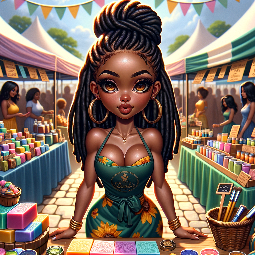 "Envision a digital painting of a vibrant African American chibi character, boasting an athletic yet curvy build. She has wide almond-shaped eyes and luscious full lips. Her hair is elegantly styled into an updo of locs, each adorned with shiny golden cuffs. She stands proudly behind a booth at a bustling craft fair, surrounded by her own handmade colorful soaps and aromatic candles. She wears a branded apron over a cheerful summer dress, actively engaging with customers. The perspective of the artwork is dynamic, with the craft table positioned at an inviting angle, allowing a three-dimensional view of the varied products. Banners flutter above her, displaying the brand name in a festive font. This scene is alive with the fair's energetic atmosphere, focusing on the rich interactions between the creator and her patrons, and showcasing the intricate textures and vivid colors of the crafts."