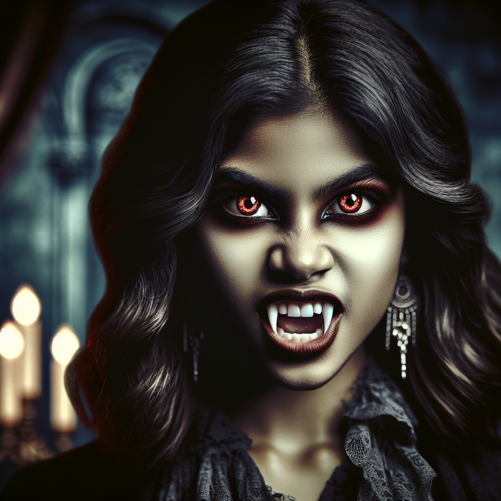 Create a hyper-realistic image of a young female vampire exuding ferocity, her piercing eyes radiating an intense glow. Capture her in a snarling expression, prominently displaying her menacing, razor-sharp fangs.