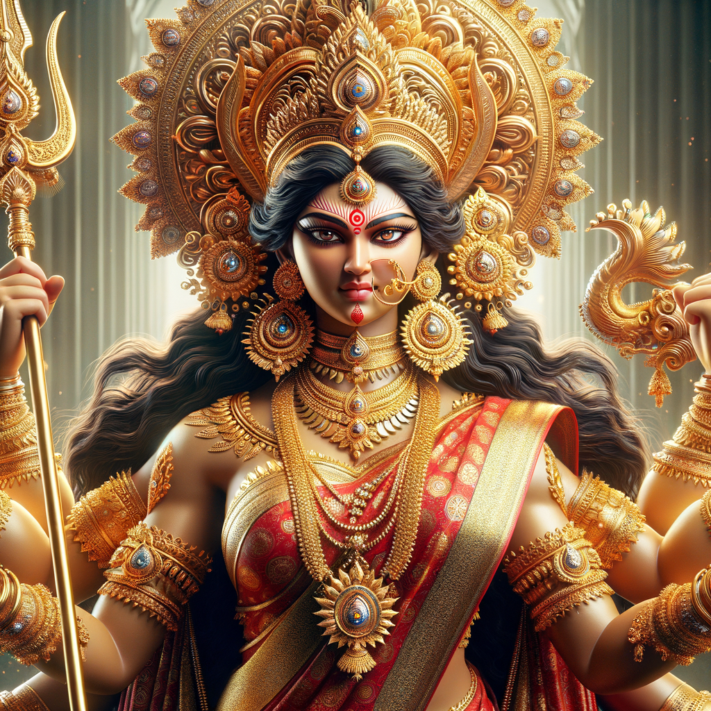 Portrait of goddess durga with athletic body, big breasts, red saree, holding trident, gold jewelry all over body, huge gold crown, photography, ultra detailed face, UHD, 8K