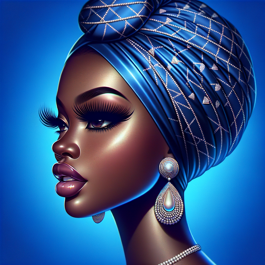 Create an airbrushed digital portrait of an animated
African-American woman in profile against a solid cobalt
blue backdrop. Her radiant skin, strikingly long eyelashes, a
pronounced nose, and voluminous natural glossy lips are
showcased. She wears a headwrap adorned with intricate
diamond patterns. Large, elegant pearl drop earrings
complete her appearance, showcasing the entire headshot
details with a focus on sophistication and grace. The digital
art should highlight her striking features against the vibrant
background, creating a visually stunning piece.