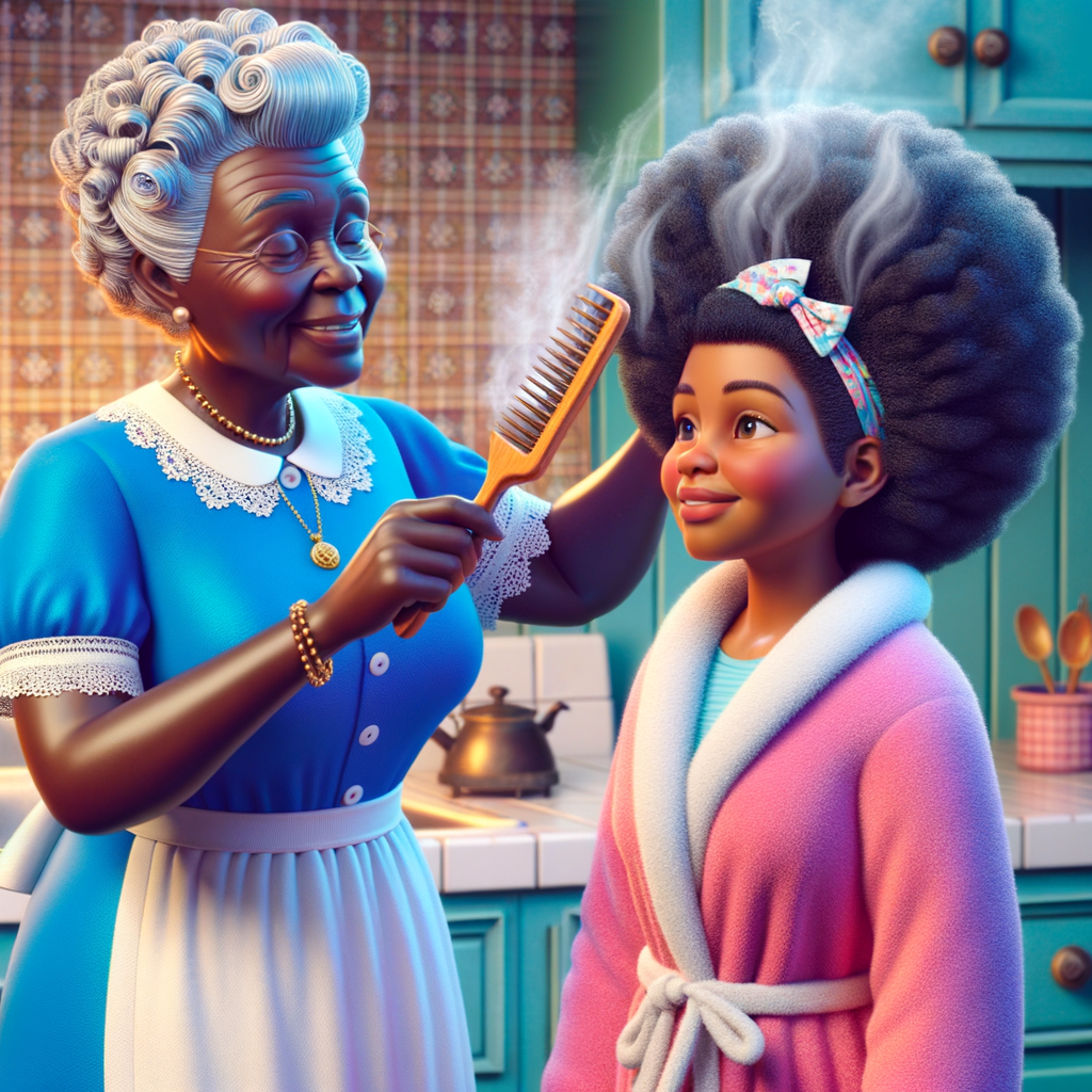 Create a realistic 3-D image of an african-American grandmother wearing a blue house dress and a white apron . She is in the kitchen with her african-American granddaughter. Her granddaughter is wearing a pink bath robe. The grandmother has a hot comb in her hand and she is straightening her granddaughters hair. One side of her granddaughters hair is in  a Afro the other straight 
There is smoke coming from the hot comb
The granddaughter is making a face