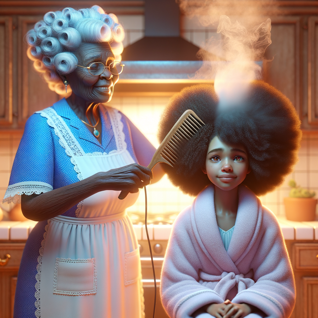 Create a realistic 3-D image of an african-American grandmother wearing a blue house dress and a white apron . She is in the kitchen with her african-American granddaughter. Her granddaughter is wearing a pink bath robe. The grandmother has a hot comb in her hand and she is straightening her granddaughters hair. One side of her granddaughters hair is in  a Afro the other straight 
There is smoke coming from the hot comb
The granddaughter is making a face