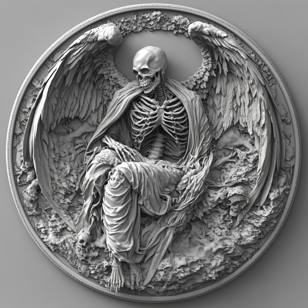 Design a high-contrast grayscale 3d bas relief of death, The composition should be circular like a coin emblem, designed for CNC routing with balanced lighting to accentuate fine details, sharp edges, and distinct textures. Employ deep shadows and strong highlights to define planes and surfaces clearly.