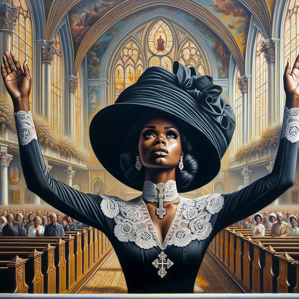 Render an airbrush oil painting of an African American woman with flawless makeup
kneeling at a church altar, her hands raised in a gesture of surrender to God. She's
dressed in stylish Sunday Best attire, with a particular focus on the delicate details of
her Church Hat. The background features a beautifully painted church interior, with the
oil paint texture enhancing the sacred atmosphere. The artwork should capture the
woman's devout expression, the elegance of her attire, and the spiritual ambiance of
the church setting, reflecting a moment of deep faith and devotion.