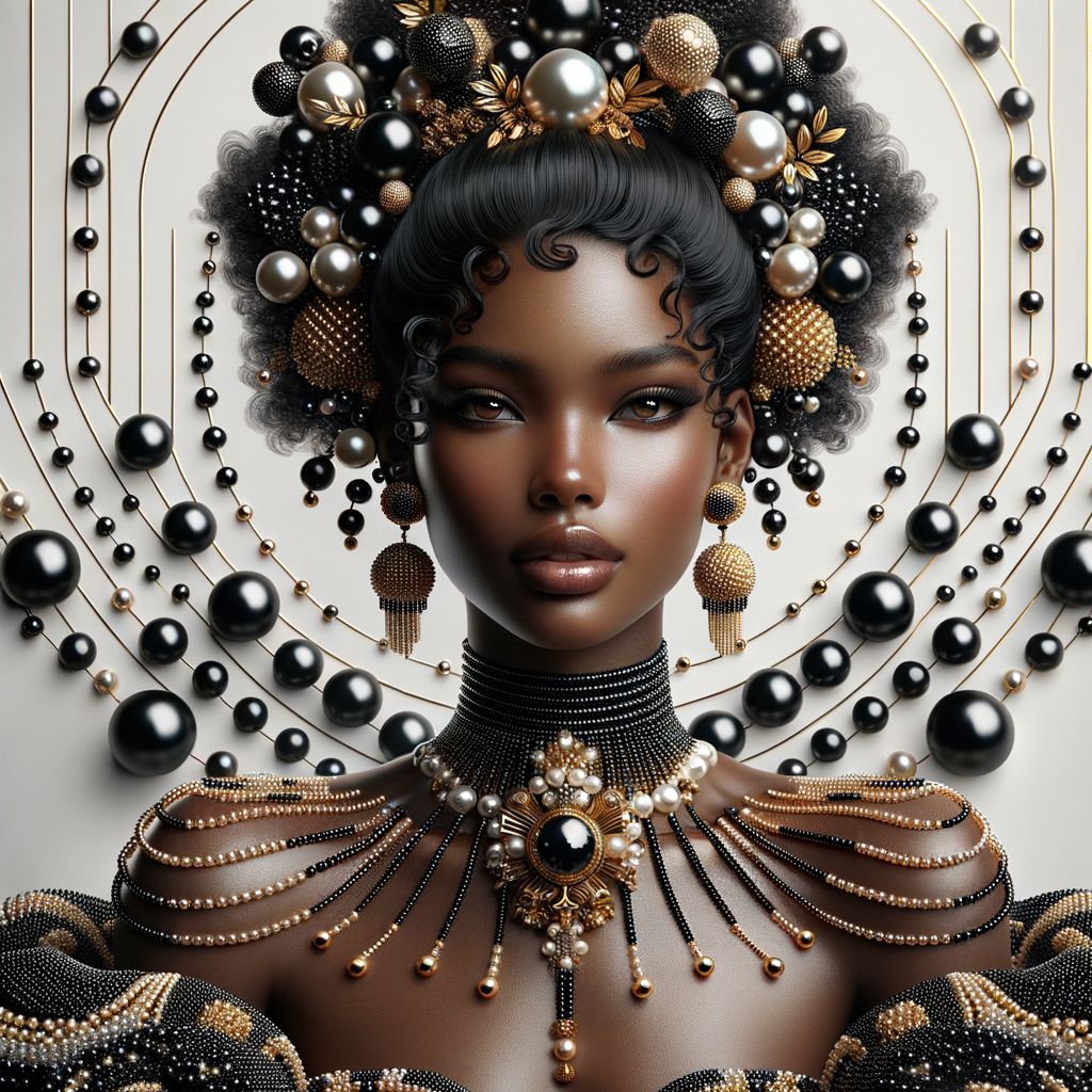 Imagine a digital portrait of a light skinned African-American Latino regal woman named KAREN Her attire and accessories are exclusively adorned with black and gold pearls. They grace her voluminous hair, styled in an elegant updo, where the black pearls form the roots and the gold pearls create the stunning curls. Her ears boast chandelier earrings, with black pearls clustered at the top, transitioning to gold pearls that dangle with delicate grace. Around her neck, a tiered necklace cascades with strands of alternating black and gold pearls, reflecting a sophisticated contrast.

Her shoulders are draped with a luxurious off-shoulder gown, the fabric's weave incorporating intricate patterns formed by black and gold pearls. The gown's texture has a subtle sheen, suggesting a high-quality material with a pearlescent finish. As a centerpiece, a grand brooch sits at her collar, with a large gold pearl surrounded by an elaborate design of smaller black pearls.

The background of the portrait features an abstract composition of floating pearls, swirling in a dance of shadows and light, emphasizing the color theme of black and gold. The name "KAREN" is discreetly integrated into the lower right corner of the artwork, blending seamlessly with the design, as if it were a signature part of the jewelry ensemble. The overall effect is one of timeless elegance, a blend of modern design and classic beauty, all tied together by the luxurious palette of black and gold.