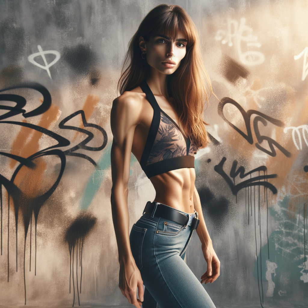 Athletic Thin skinny Attractive, Asian teenage girl, long brown hair and bangs, wearing tight skinny jeans and a halter top paint marks on her clothing, heroic pose Asian graffiti background, side view