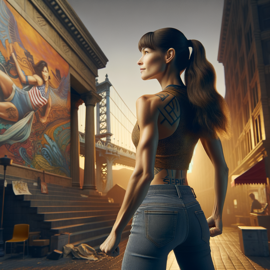 Athletic Thin skinny Attractive, Asian teenage girl, long brown hair and bangs, wearing tight skinny jeans and a halter top paint marks on her clothing, heroic pose Asian graffiti background,  backside view