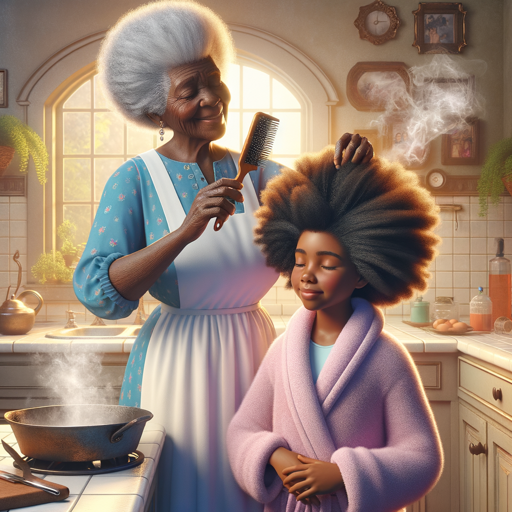 Create a realistic 3-D image of an african-American grandmother wearing a blue house dress and a white apron . She is in the kitchen with her african-American granddaughter. Her granddaughter is wearing a pink bath robe. The grandmother has a hot comb in her hand and she is straightening her granddaughters hair. One side of her granddaughters hair is in  a Afro the other straight 
There is smoke coming from the hot comb
The granddaughter is making a face