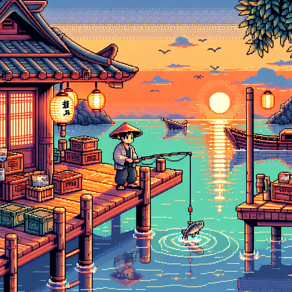 A charming fishing dock at sunset, with a lone fisherman reeling in a shimmering fish. The docks are lined with wooden crates, nets, and lanterns that softly illuminate the surrounding water. A gentle breeze stirs the leaves of nearby trees