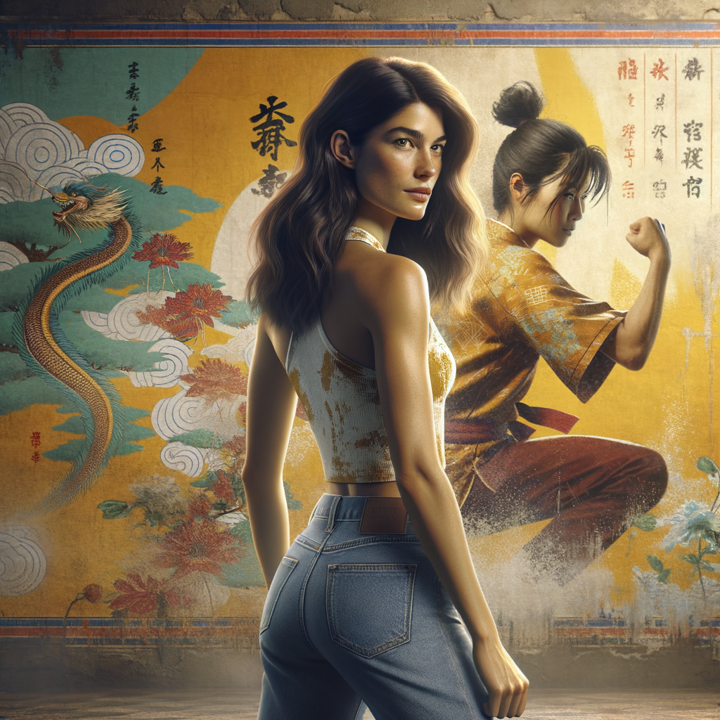 Athletic Thin skinny Attractive, Asian teenage girl, long brown hair and bangs, wearing tight skinny jeans and a halter top paint marks on her clothing, heroic pose Asian graffiti background, backside view