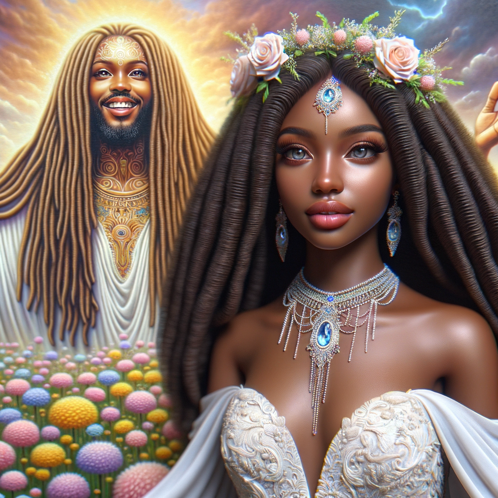 Create a 3-D realistic oil, painting of a beautiful African-American bride. She has long flooring, wavy hair and her gown has beautiful jewels around the neckline. in the background there is a beautiful African-American Jesus Christ with long dreadlocks, and he is smiling. He is very handsome pastel flowers throughout the image.