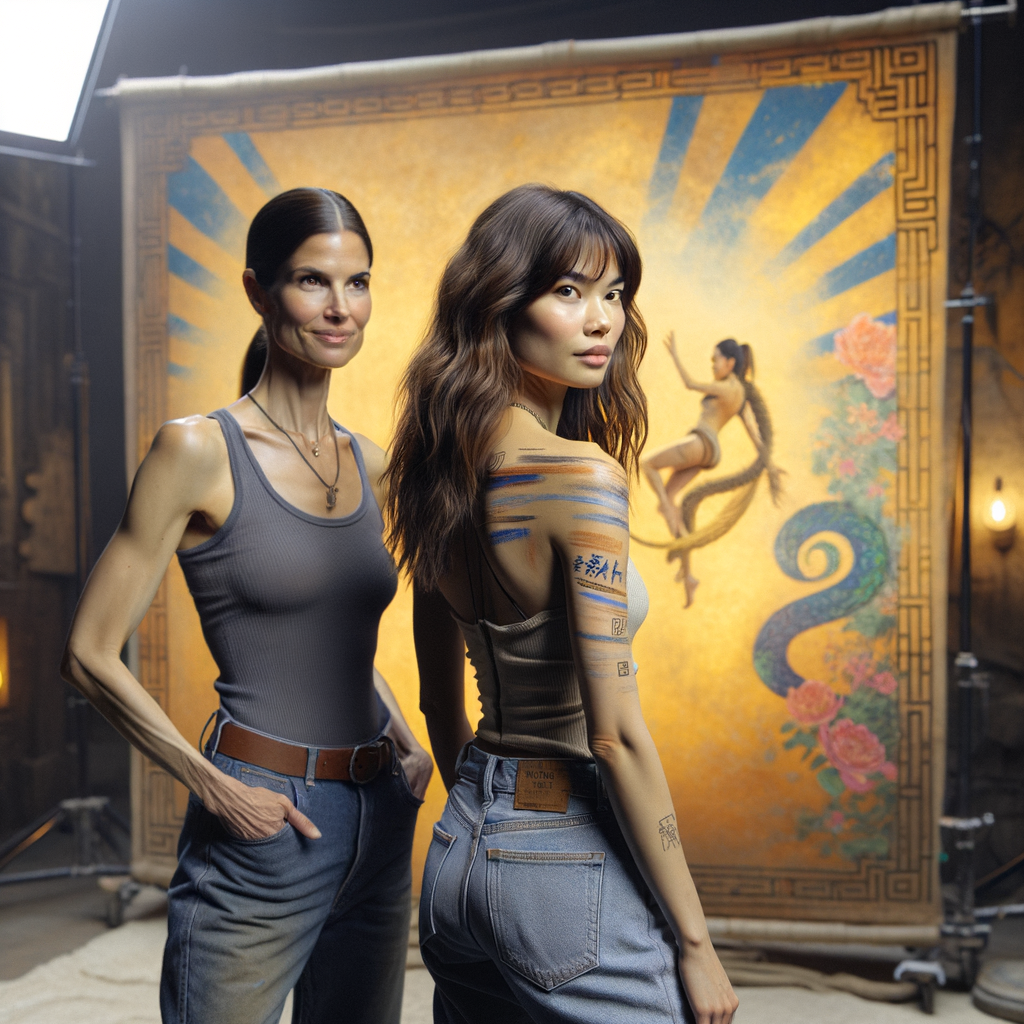 Athletic Thin skinny Attractive, Asian teenage girl, long brown hair and bangs, wearing tight skinny jeans and a halter top paint marks on her clothing, heroic pose Asian graffiti background, backside view