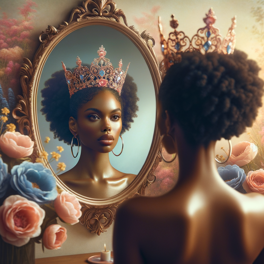 An African-American woman stands before a mirror, her gaze introspective and curious. As she peers into the reflective glass, a majestic transformation unfolds within its frame. Her reflection reveals not just her everyday visage, but that of a regal queen adorned with an elegant crown, symbolizing strength, wisdom, and grace. The crown is intricately designed, shimmering with the promise of untold stories and heritage. Around her, the background blossoms into a serene tableau of pastel flowers, each petal a whisper of beauty, resilience, and growth. These gentle hues of pinks, blues, and yellows create a soft, dreamlike atmosphere, enveloping the queen in a world where her royal essence is acknowledged and celebrated. This image captures the moment of self-realization and empowerment, a visual metaphor for the inner royalty that resides within, waiting to be acknowledged in the mirror of her soul.