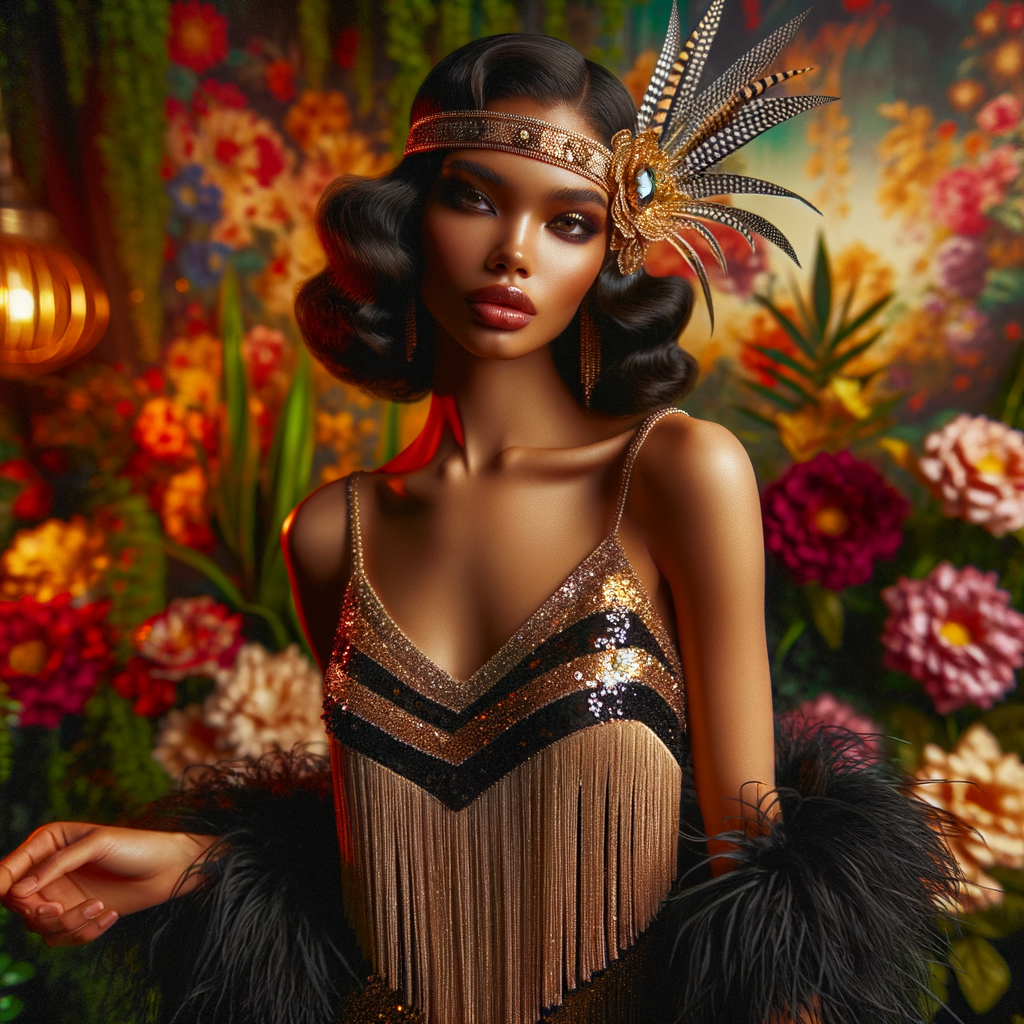 Picture a light-skinned African-American woman with striking Hawaiian features, immersed in the roaring 1920s. She's a dazzling flapper, her lively spirit captured in her attire and poise. She wears a shimmering black and gold flapper dress adorned with sequins and fringe that glisten with her every movement. Around her head, a matching headband sits gracefully, embellished with feathers and a jewel that echoes the opulence of the era. Her hair is styled in perfect finger waves, highlighting her alluring gaze and bold makeup typical of the 1920s—a smoky eye and dark, glossy lips. The background is a kaleidoscope of vibrant tropical flowers, creating a lush and vivacious scene that reflects her Hawaiian roots. Her entire demeanor is one of elegance and jubilance, a true celebration of her heritage and the exuberant era she embodies.