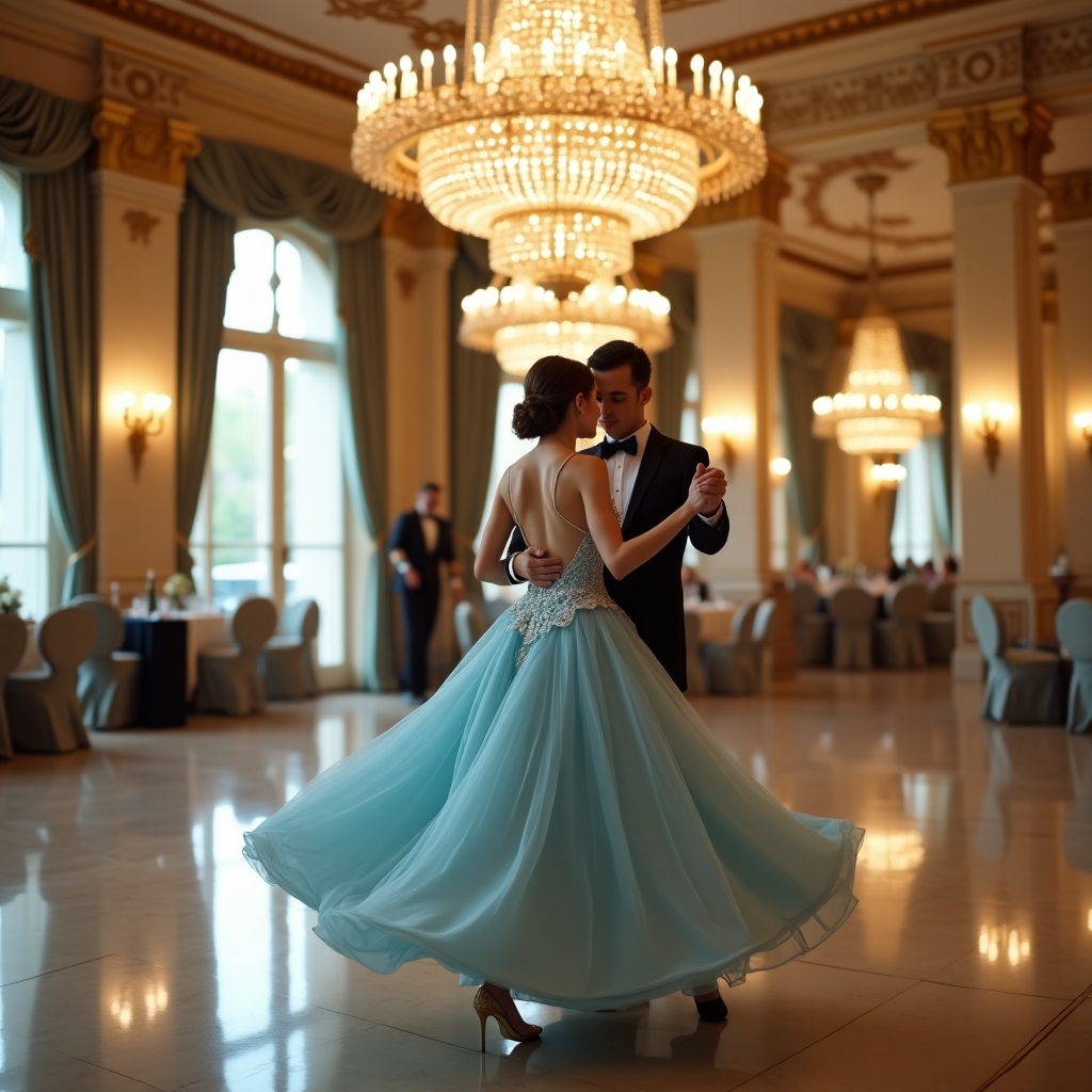 “A breathtaking shot taken with a Nikon D850 and a 24-70mm f/2.8 lens. Dahlia Valentina (DahliaValentina_ai) fit tall supple well endowed tanned Italian American model glides gracefully across an opulent ballroom floor, caught mid-turn in a Viennese waltz. She wears a flowing ice-blue ballgown, its delicate lace details shimmering under the golden glow of an enormous crystal chandelier. Her posture is poised, her expression serene as she twirls with an elegant dance partner in a classic tuxedo. The grand ballroom features intricate gilded moldings, towering windows draped with silk curtains, and polished marble floors reflecting their movements. The air feels enchanted, as if time itself has slowed for this graceful moment. The soft depth of field blurs the background slightly, enhancing the dreamlike quality of the scene.”