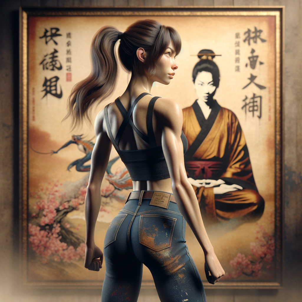 Athletic Thin skinny Attractive, Asian teenage girl, long brown hair and bangs, wearing tight skinny jeans and a halter top paint marks on her clothing, heroic pose Asian graffiti background, backside view