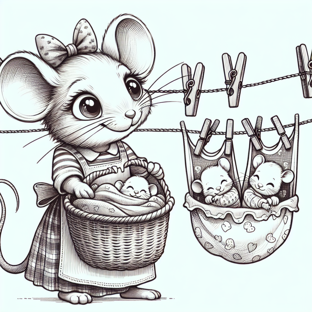 A picture of a cute mother mouse with big eyes, wearing an apron and a bow on top of her head, she is  hanging laundry on the clothing line wich has 2 mouse babies hanging from the line wrapped in a blanket and held by clothing pins on the line. The laundry line has a baby shirts