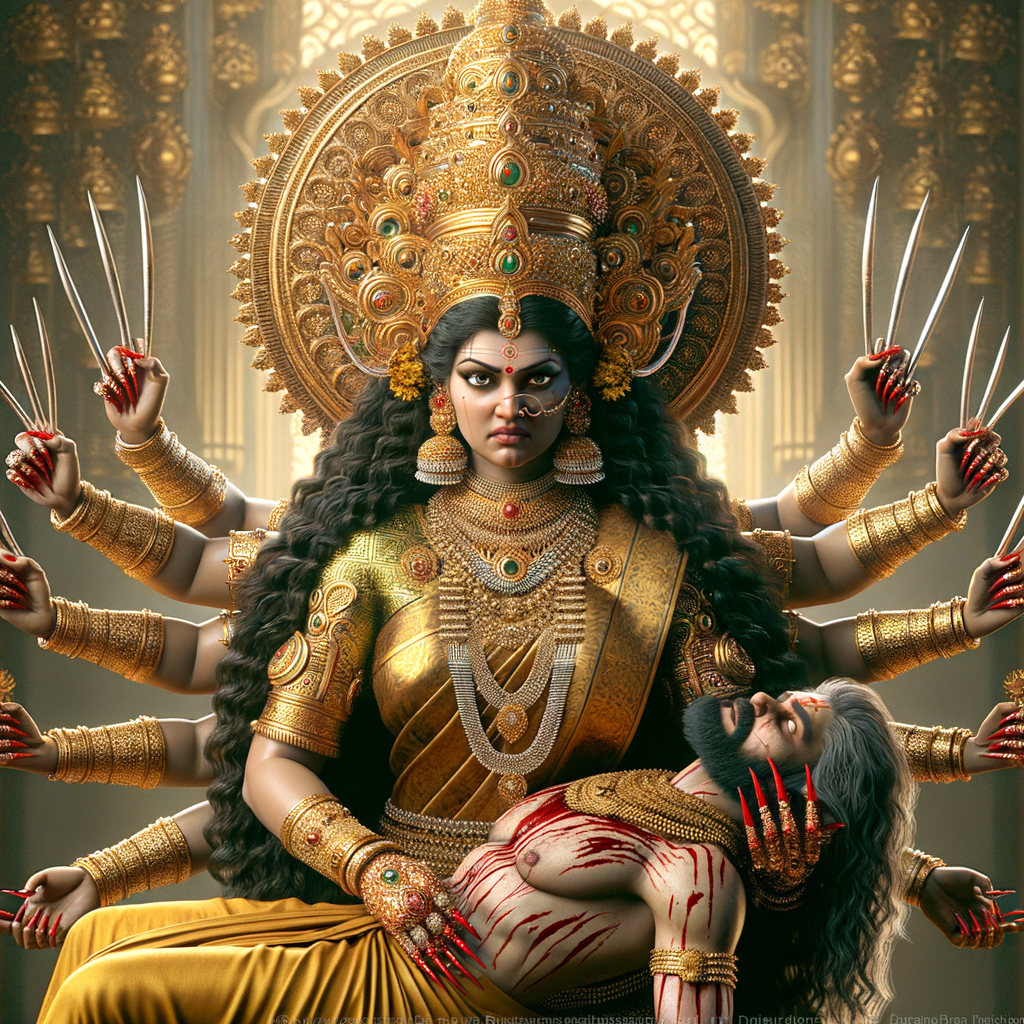 portrait of angry looking, four-armed indian goddess  sitting on a gold crown and carrying a weak mahishasur on her lap and poking his abdomen with her two hands with amazingly long red fingernails . She is wearing gold armor, a huge gold crown, gold saree, abundant  gold jewelry, covered in blood. The scene is set in ancient India. The image is 8K resolution, cinematic, photography, ultra detailed face and epic.