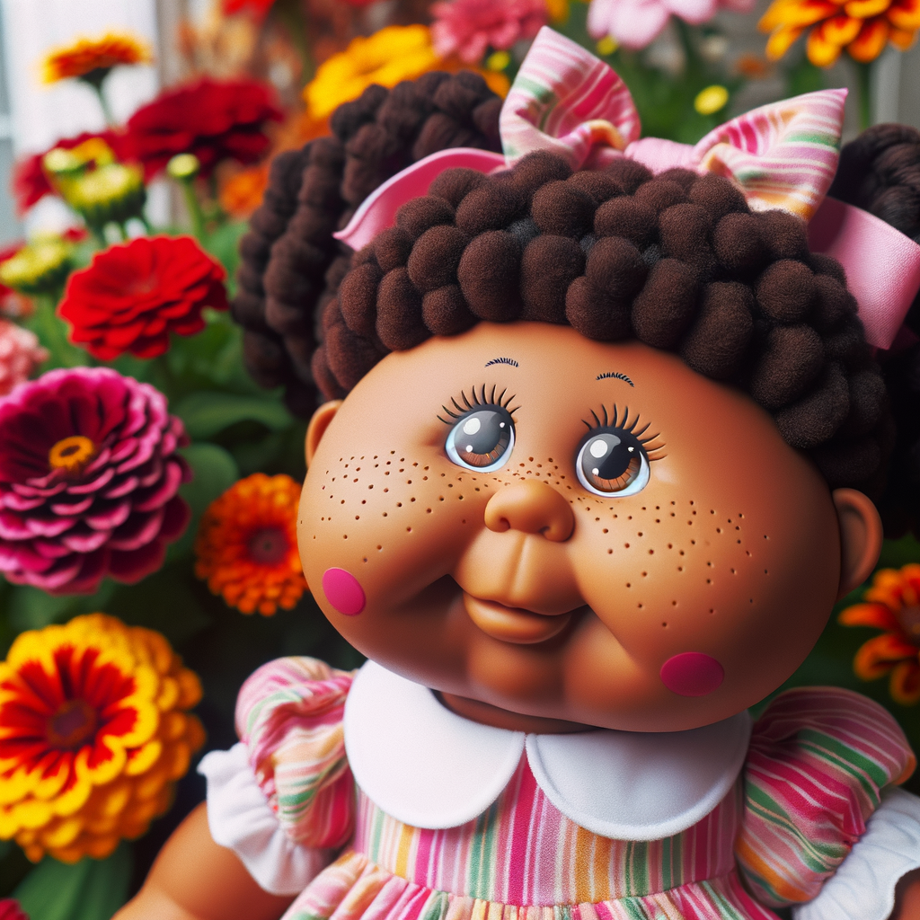 African-American cabbage patch doll with huge dimples, and freckles and flowers in the background