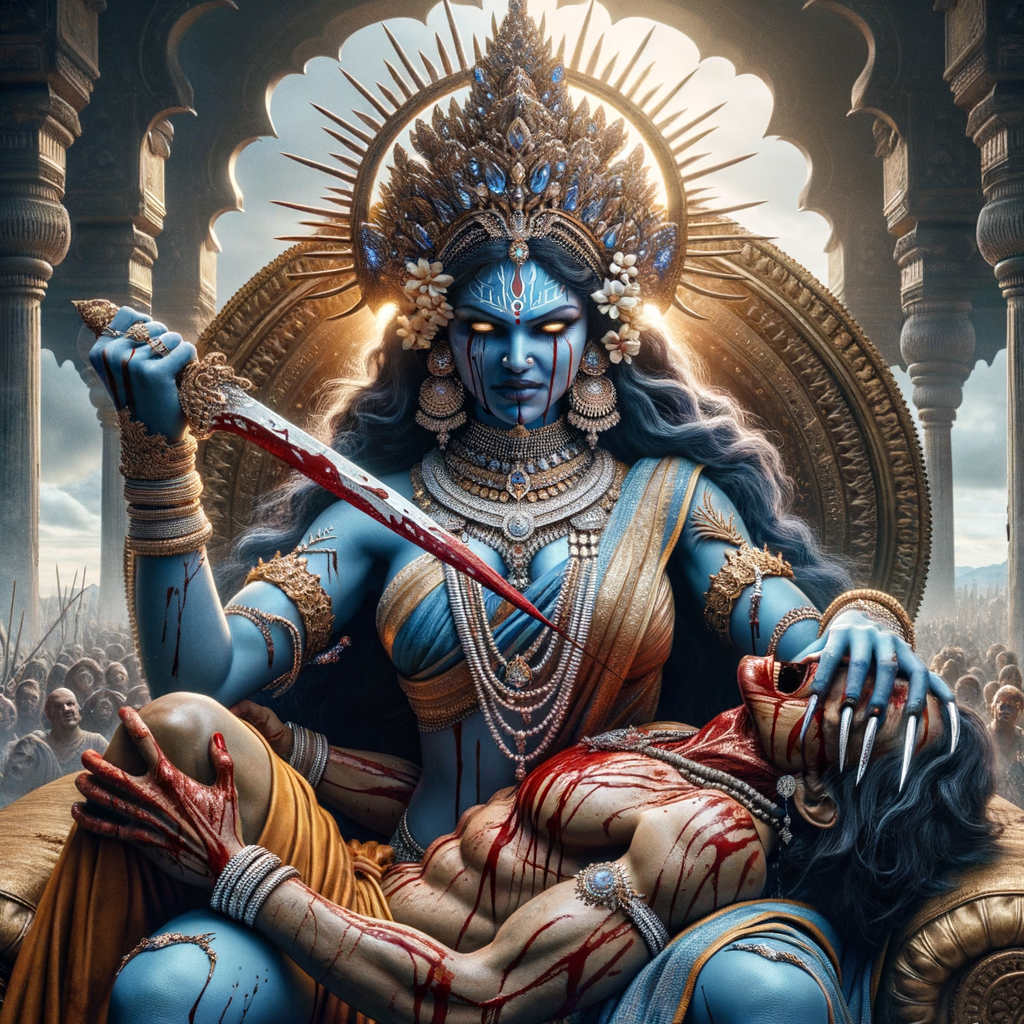 portrait of angry looking goddess kali, blue skinned, sitting on a gold crown and carrying a weak mahishasur on her lap and stabbing him with her amazing long red finger nails. She is wearing diamond armor, a huge diamond crown, red saree, abundant diamond jewelry, covered in blood. The scene is set in ancient India. The image is 8K resolution, cinematic, ultra detailed face and epic.