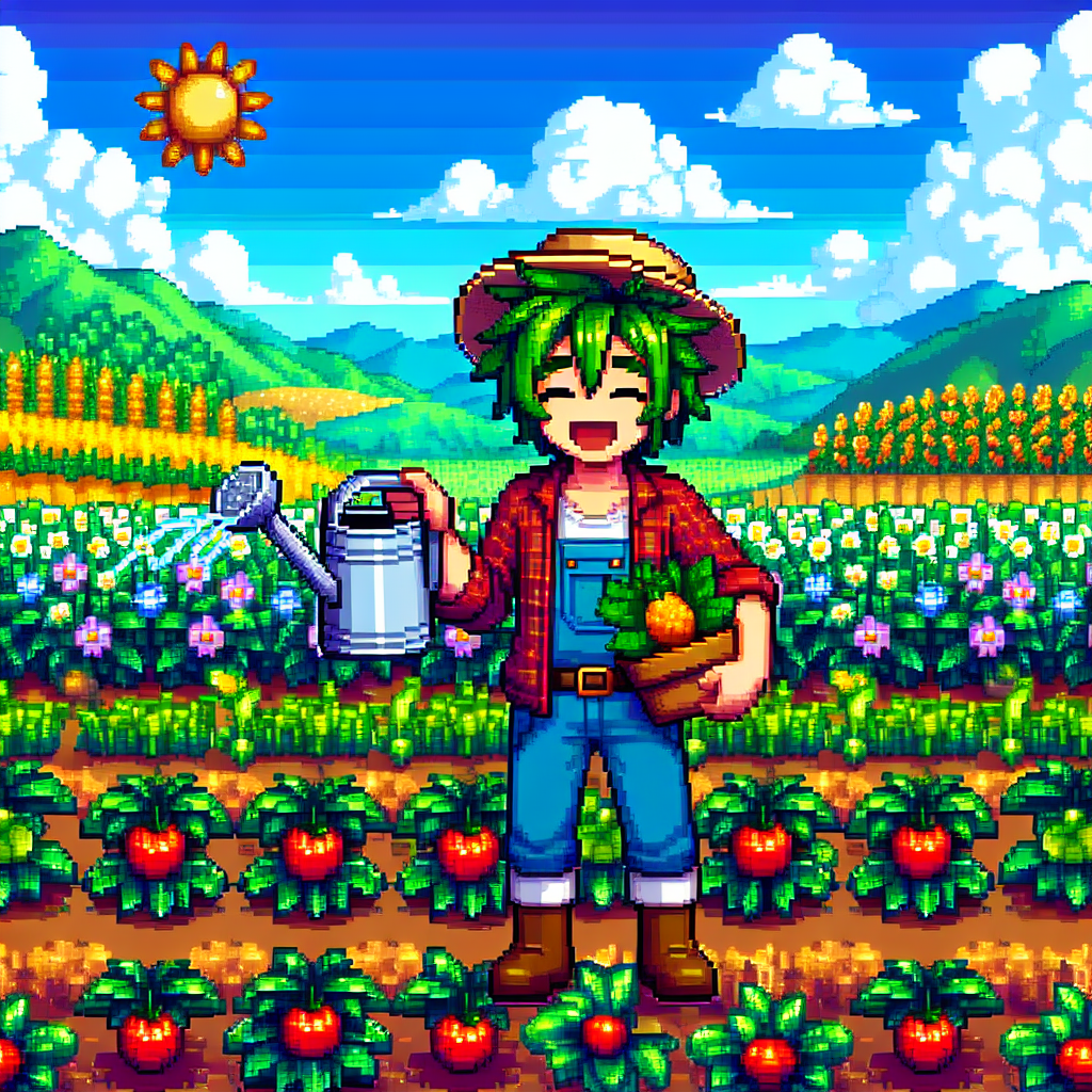 A smiling farmer holding a watering can, standing in a field of lush crops under a clear blue sky