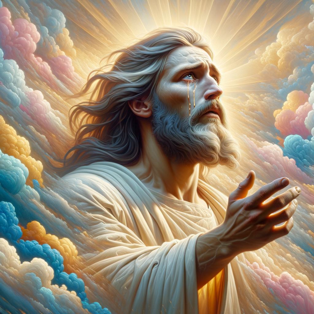 Create a 3-D realistic oil, painting Jesus Christ coming in the blue, gold, pink and white clouds with great power and glory up close, tears rolling down his face,