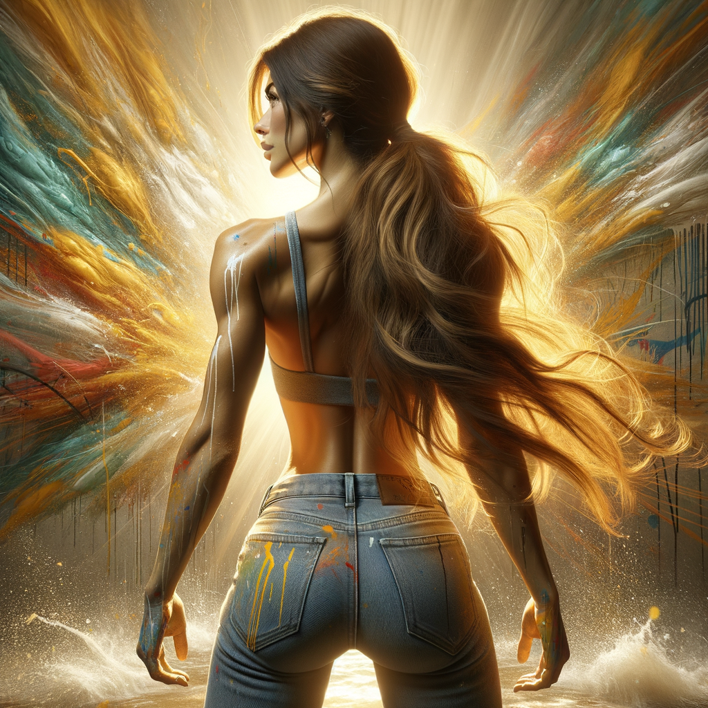 Athletic Thin skinny Attractive, Asian teenage girl, long brown hair and bangs, wearing tight skinny jeans and a halter top paint marks on her clothing, heroic pose Asian graffiti background, backside view