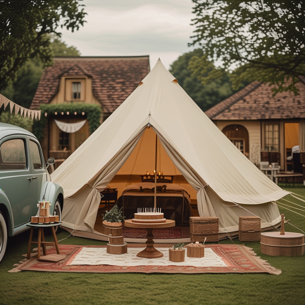 Glamping Birthday Party, with large Bell Tent. Background is a beautiful farm