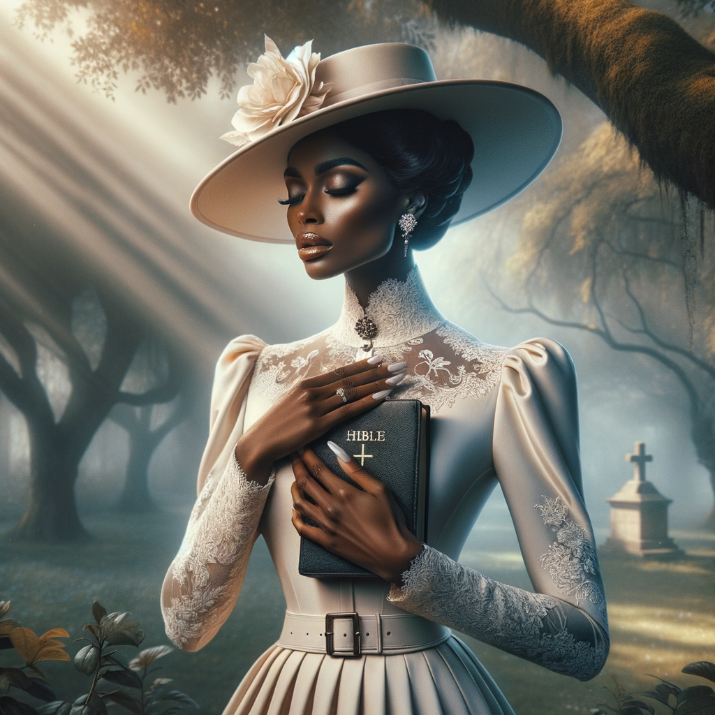 Render an airbrush oil painting of an African American woman with flawless makeup in a
contemplative pose, holding a Bible close to her heart, dressed in an elegant Sunday Best
outfit with a distinctive Church Hat. The background features a peaceful church garden,
with light filtering through the trees, highlighting her spiritual connection and the personal
moment of reflection. The artwork should capture the tranquility of the scene, the beauty
of her attire, and the depth of her contemplation, reflecting a serene and spiritually