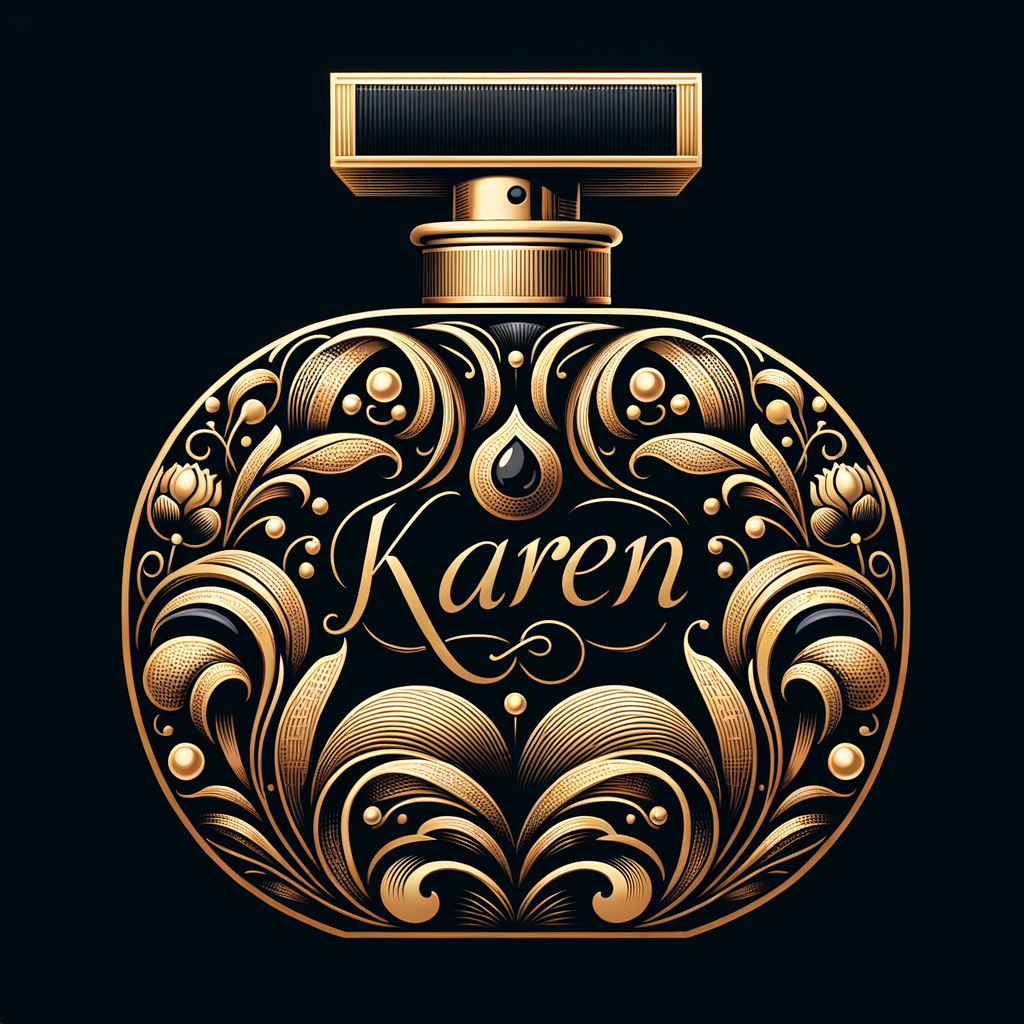 Design, a black and gold perfume bottle in the shape of a woman’s body with flowers and the name Karen