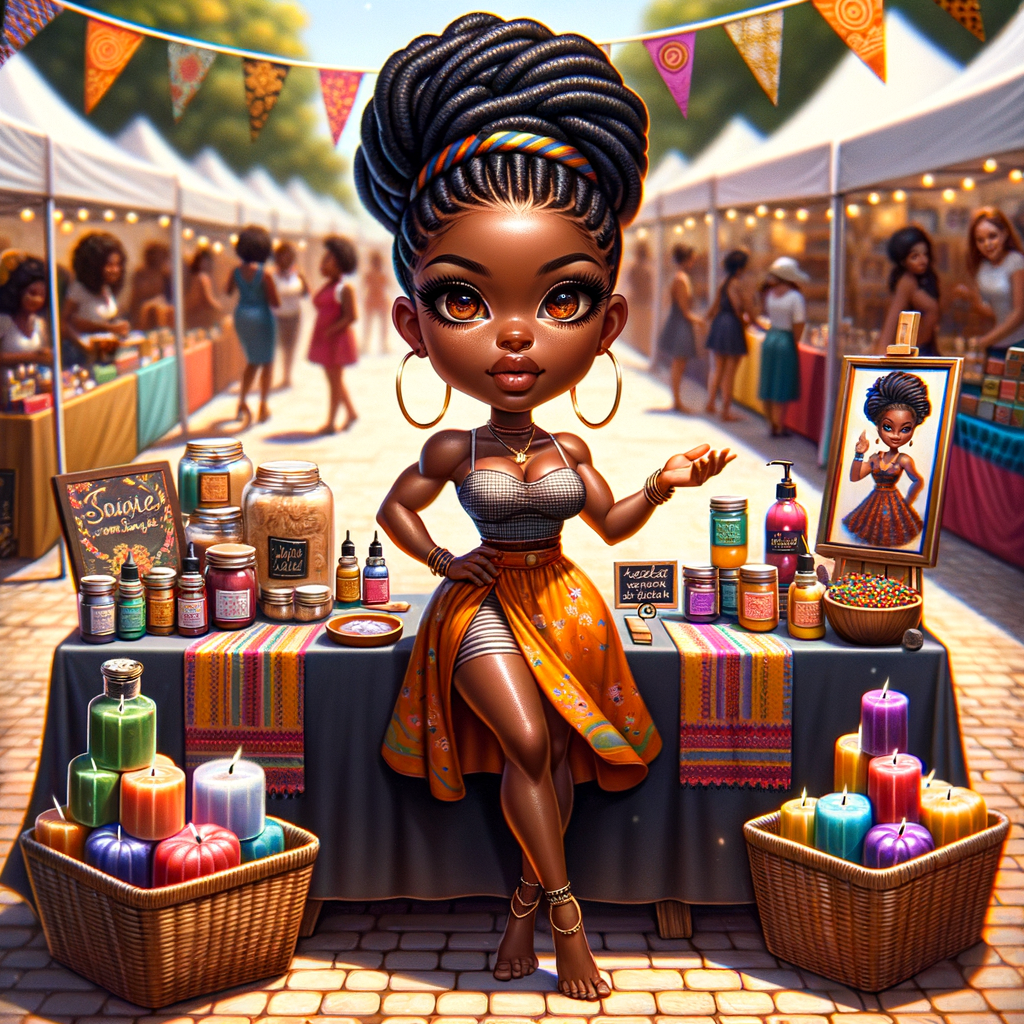 "Envision a digital painting of a vibrant African American chibi character, boasting an athletic yet curvy build. She has wide almond-shaped eyes and luscious full lips. Her hair is elegantly styled into an updo of locs, each adorned with shiny golden cuffs. She stands proudly behind a booth at a bustling craft fair, surrounded by her own handmade colorful soaps and aromatic candles. She wears a branded apron over a cheerful summer dress, actively engaging with customers. The perspective of the artwork is dynamic, with the craft table positioned at an inviting angle, allowing a three-dimensional view of the varied products. Banners flutter above her, displaying the brand name in a festive font. This scene is alive with the fair's energetic atmosphere, focusing on the rich interactions between the creator and her patrons, and showcasing the intricate textures and vivid colors of the crafts."