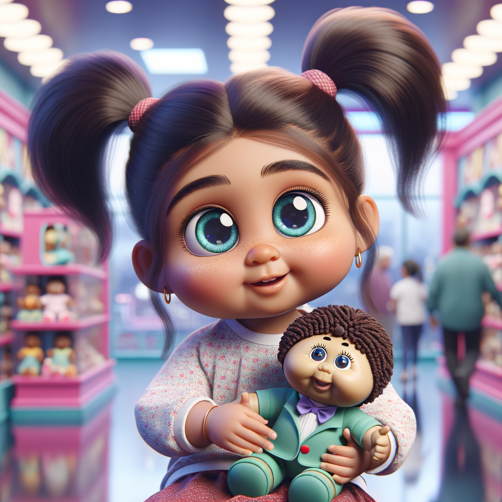 Create a 3-D image of a little girl inside of a very large toy store. The little girl has thick, ponytails and huge blue eyes. She is playing with her favorite doll, the doll is a African-American Cabbage Patch doll. That looks just like her.